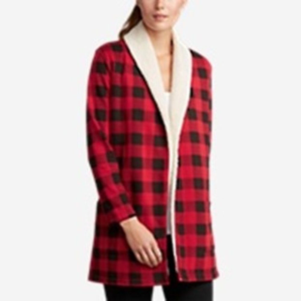 Eddie Bauer Red Buffalo Plaid Faux Sherpa Camp Cardigan NWOT Size Medium